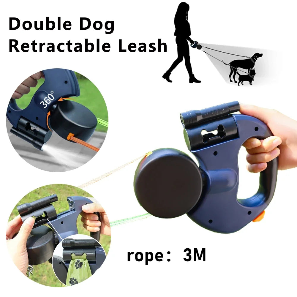 Pet Walking Lead Automatic Extendable Pet Traction Rope Dual Head Pet Leash with LED Light for Dog Pet Supplies Dog